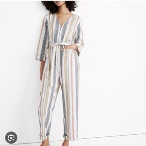Madewell V Neck Tie Waist Stripe Jumpsuit Size 14 One Piece